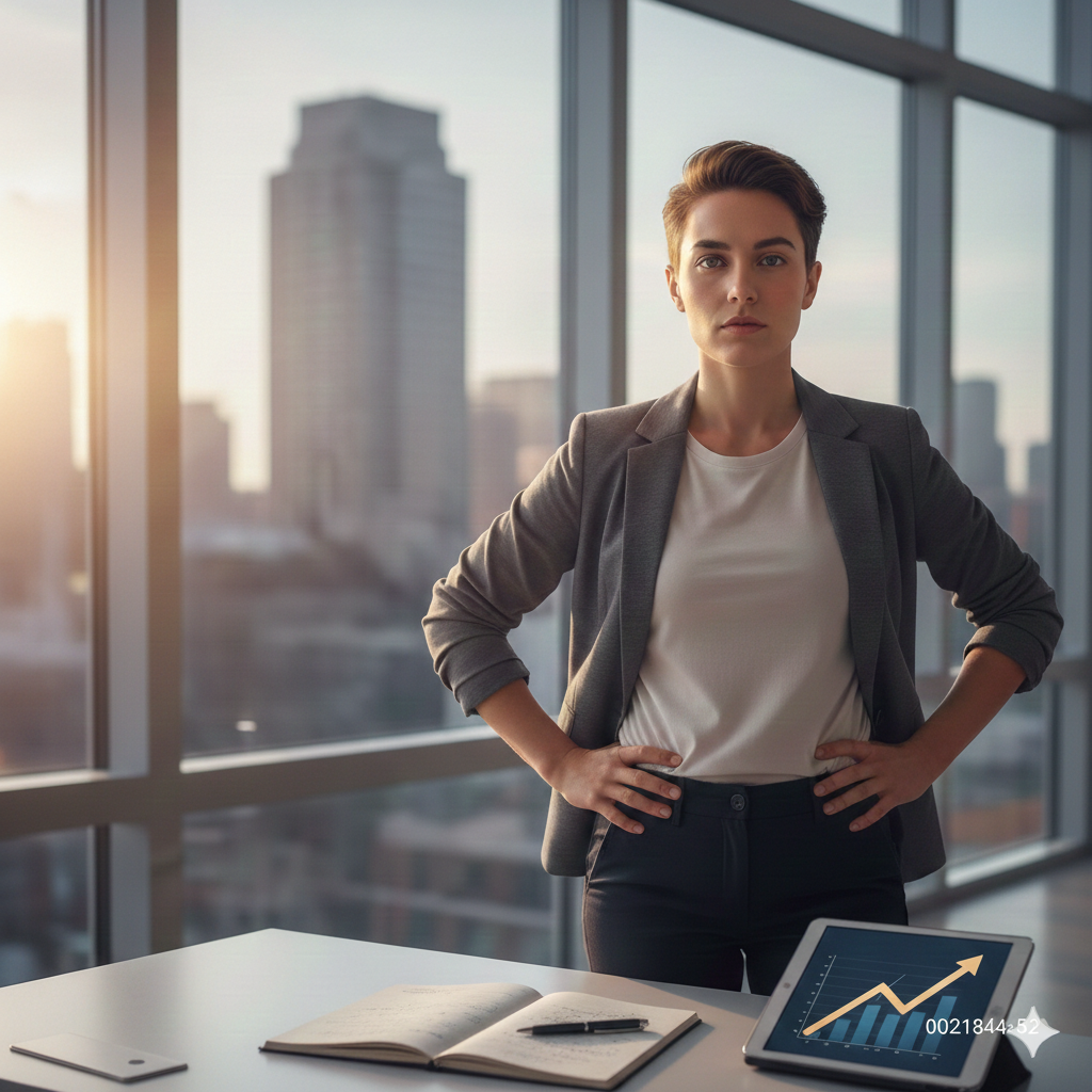Confident young professional standing in a high rise business office, standing in front of a wall of windows with a city skyline behind her.
